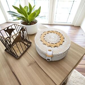 White and Tan Woven Storage Basket